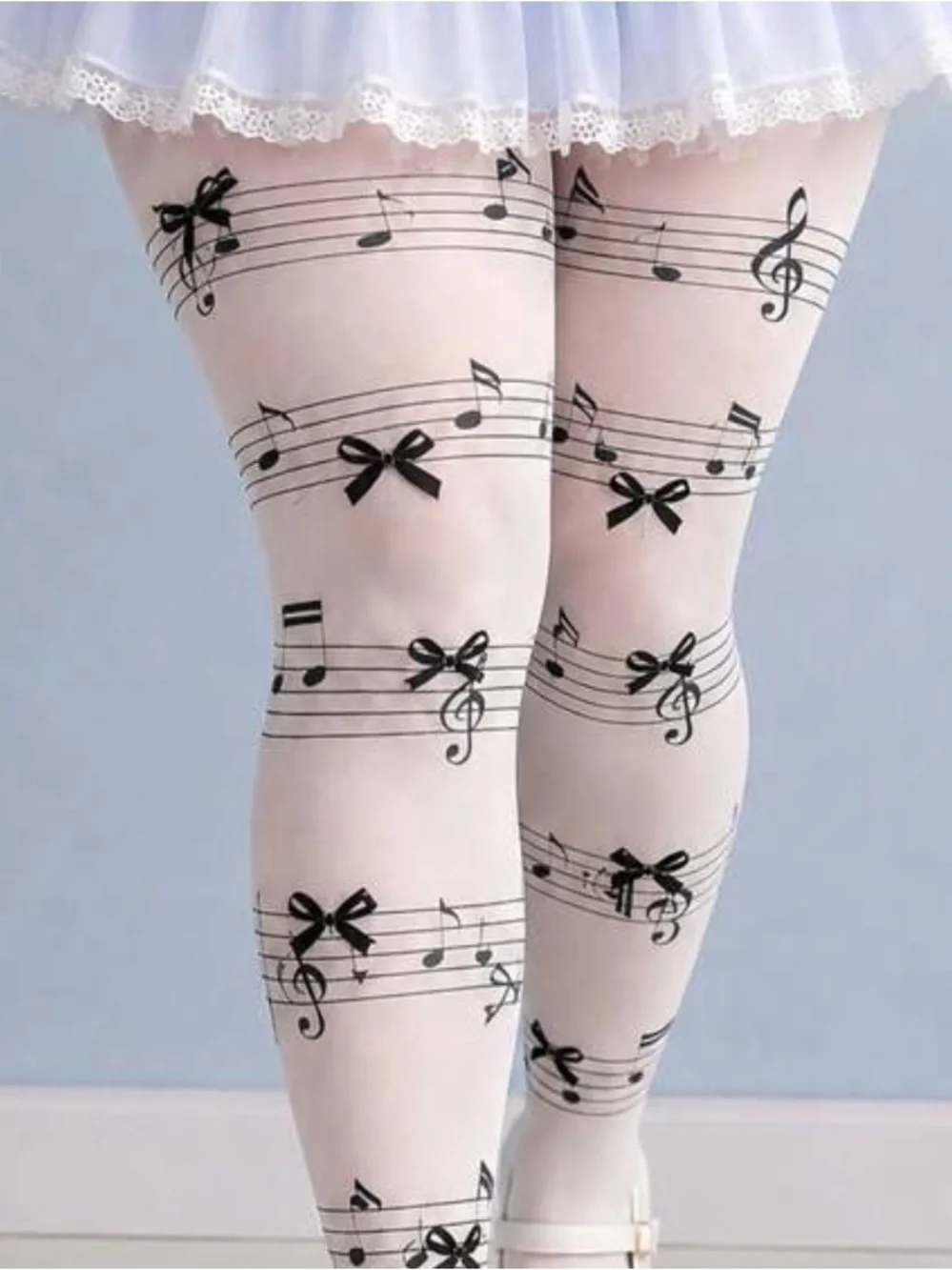 White Tights with Black Music Note & Bow Print
